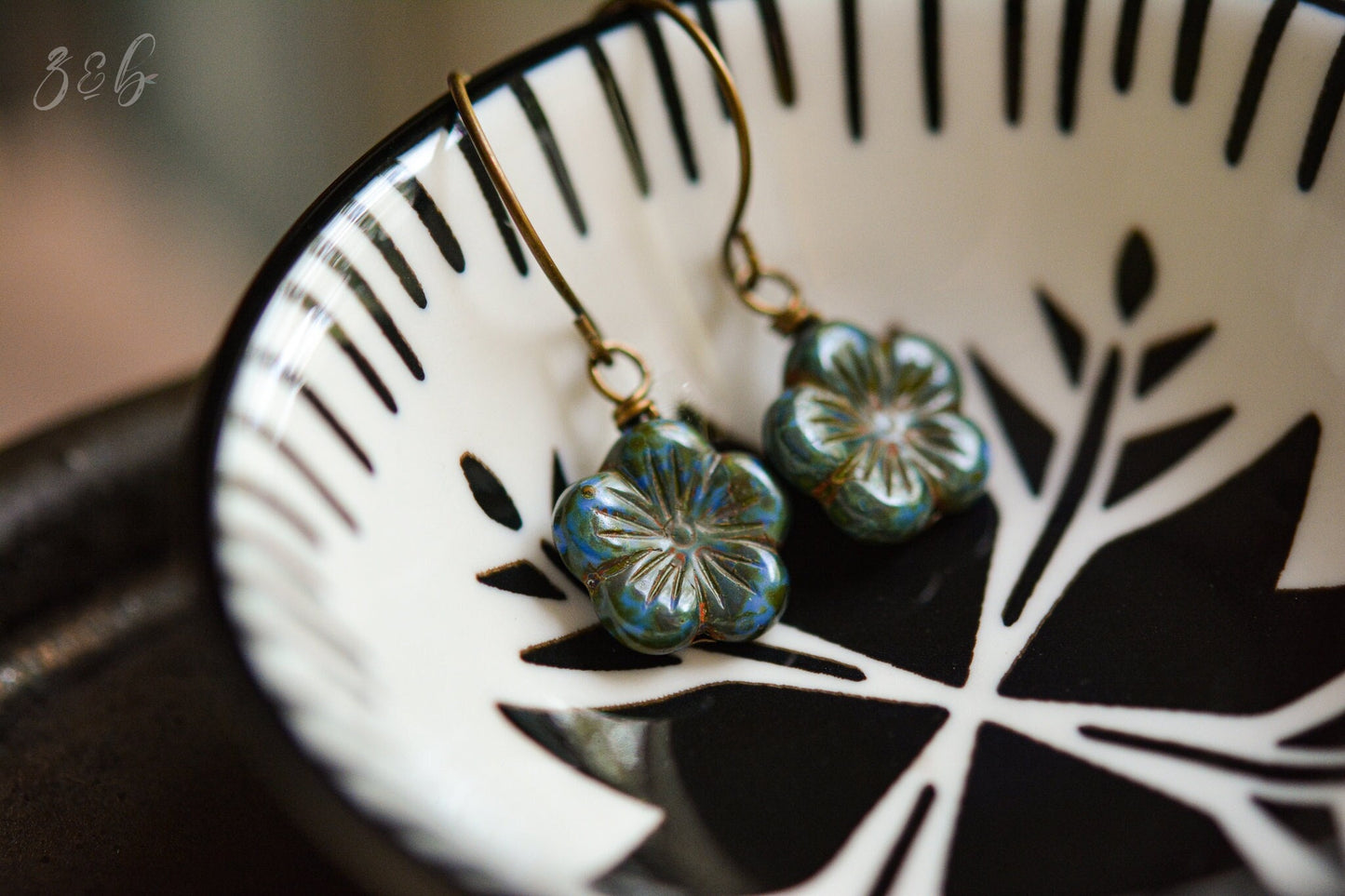 Moss Garden Earrings - Vintaj Brass, Nickel Free, Lead Free, Pure Brass, Opaque Blue, Green, Czech Glass Flower Blossom, Picasso Finish