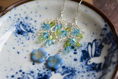 Tranquil Summer Earrings - Sterling Silver, Aqua Swarovski Crystals, Peridot, Citrine, Opaque Blue, Czech Glass, Blossom Flower Clusters