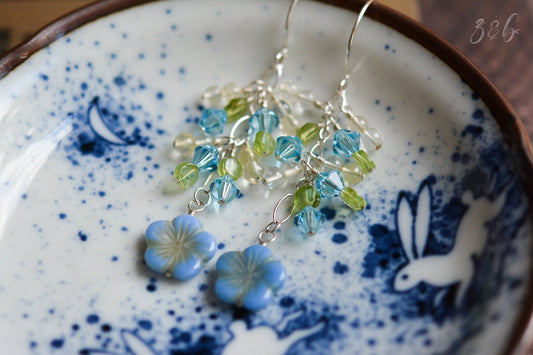 Tranquil Summer Earrings - Sterling Silver, Aqua Swarovski Crystals, Peridot, Citrine, Opaque Blue, Czech Glass, Blossom Flower Clusters