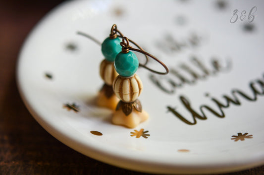 Vintage Bella Earrings - Vintaj Brass, Nickel Free, Lead Free, Turquoise, Matte Opaque Beige, Czech Glass, Vintage Lucite Beads