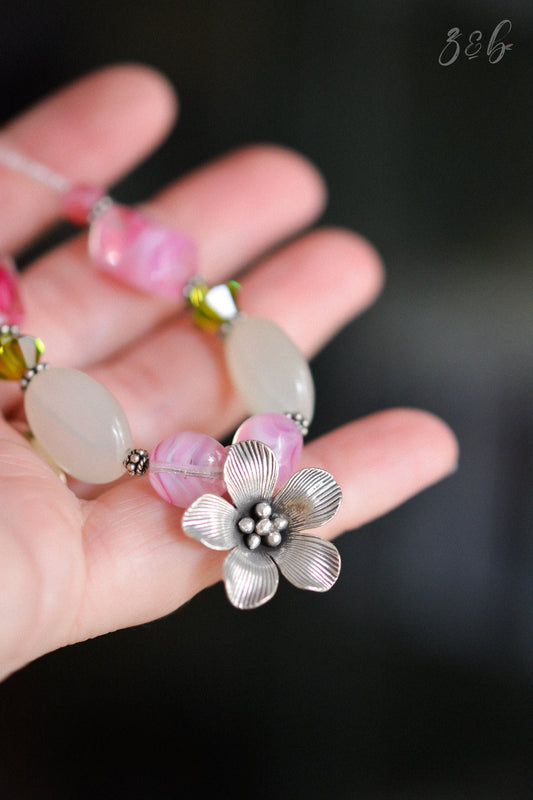 Spring Garden Necklace - Hill Tribe Sterling Silver Toggle And Clasp, Olivine Swarovski Crystals, Jade, Clear/Pink Czech Glass, Choker