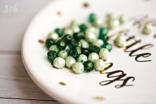 25 Opaque Sage, Translucent Metallic Green Luster, Firepolish Facet Round Bead Mix