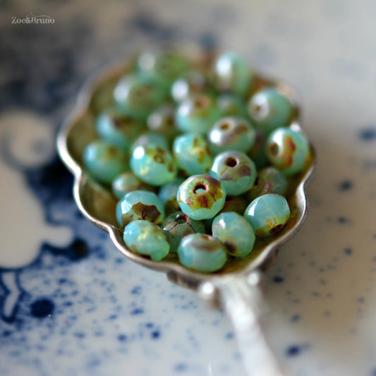 15 Semi-Opaque Tea Green, Picasso Finish, Premium Czech Glass, Facet Rondelle Beads 5x7mm