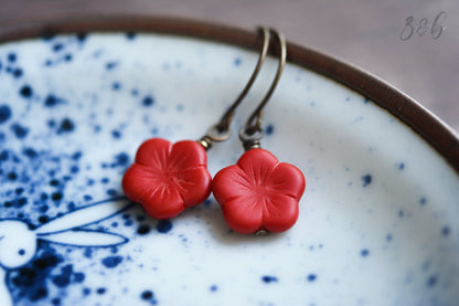 Cherry Blossom Earrings - Handmade, Vintaj Brass, Nickel Free, Lead Free, Pure Brass, Matte Opaque Red, Czech Glass Blossoms