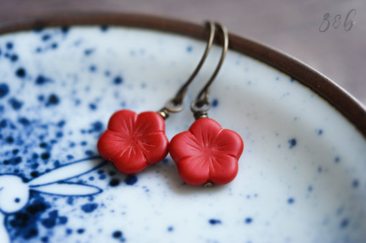 Cherry Blossom Earrings - Handmade, Vintaj Brass, Nickel Free, Lead Free, Pure Brass, Matte Opaque Red, Czech Glass Blossoms