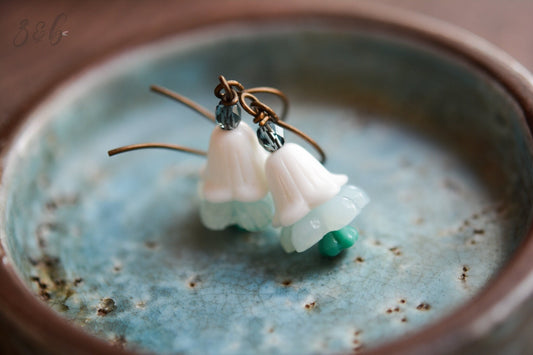 Snow White Earrings - Vintaj Brass, Nickel Free, Lead Free, Pure Brass, Vintage Lucite, Pale Blue, Turquoise, Czech Glass Flower Stack