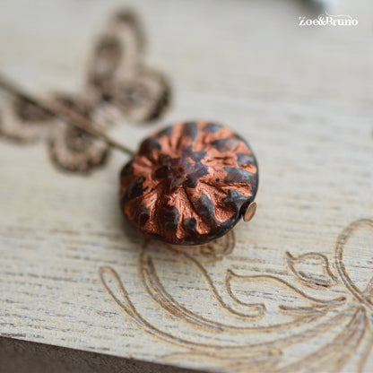 6 Translucent Brown, Crimson Red, Picasso Finish, Metallic Copper Wash, Premium Czech Glass, Dahlia Flower Beads 14mm.