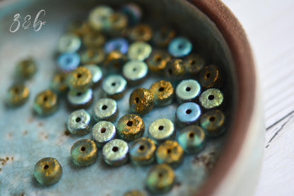 30 Translucent Baby Blue, Etched Metallic Gold, Aurora Borealis Finish, Premium Czech Glass, Heishi Beads 3x6mm.