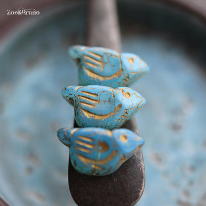 2 Semi-Transparent Sky Blue, Metallic Gold Wash, Premium Czech Glass, Bird Beads 11x22mm