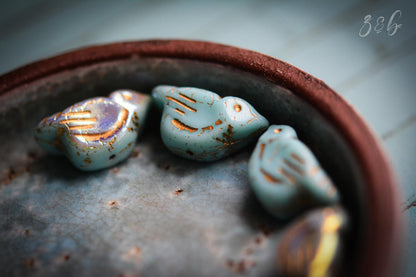2 Opaque Baby Blue, Aurora Borealis, Metallic Gold Wash, Premium Czech Glass, Bird Beads 11x22mm