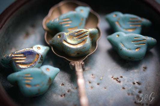 2 Opaque Baby Blue, Aurora Borealis, Metallic Gold Wash, Premium Czech Glass, Bird Beads 11x22mm