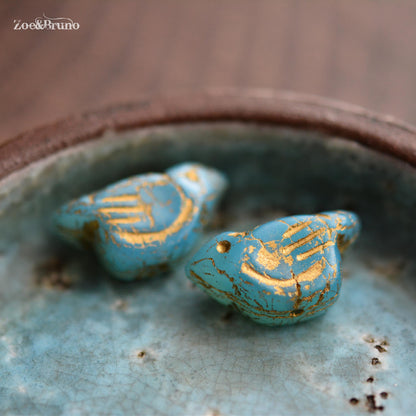 2 Semi-Transparent Sky Blue, Metallic Gold Wash, Premium Czech Glass, Bird Beads 11x22mm
