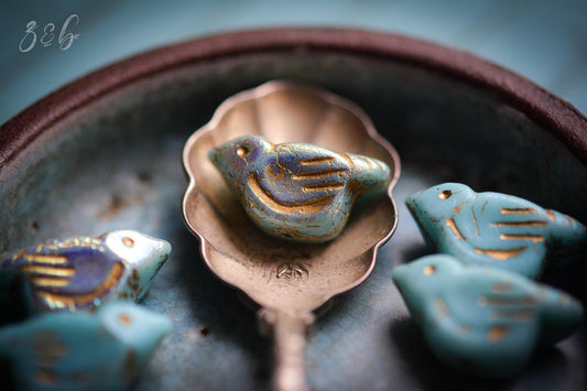 2 Opaque Baby Blue, Aurora Borealis, Metallic Gold Wash, Premium Czech Glass, Bird Beads 11x22mm