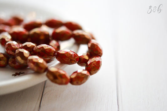 6 Burnt Orange, Red, Metallic Gold Luster, Faceted Oval Beads 12x8mm