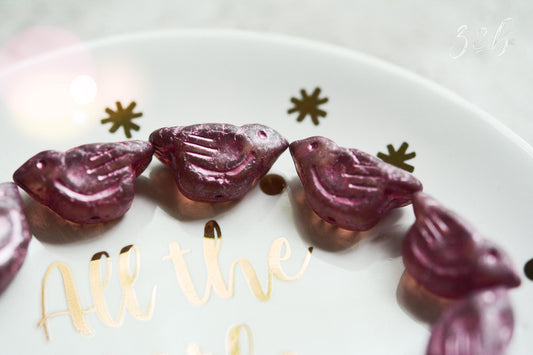 2 Premium Czech Glass, Matte Transparent Rosewood, Metallic Pink Wash, Bird Beads 11x22mm