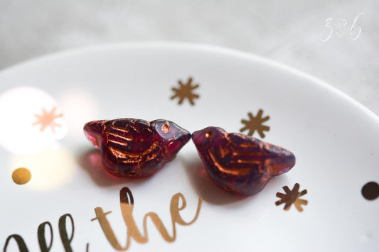 2 Early Bird - Premium Czech Glass, Milky Rosewood, Metallic Copper Wash, Bird Beads 11x22mm