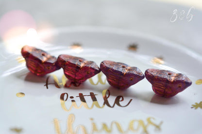 2 Early Bird - Premium Czech Glass, Milky Rosewood, Metallic Copper Wash, Bird Beads 11x22mm