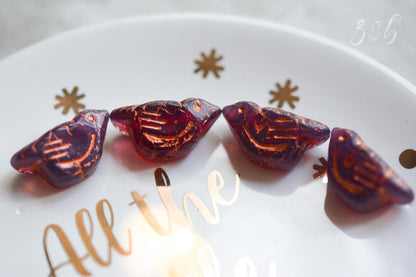 2 Early Bird - Premium Czech Glass, Milky Rosewood, Metallic Copper Wash, Bird Beads 11x22mm