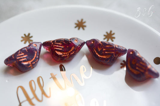 2 Early Bird - Premium Czech Glass, Milky Rosewood, Metallic Copper Wash, Bird Beads 11x22mm