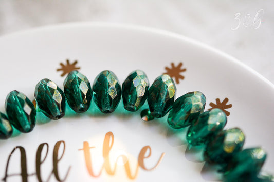 6 Transparent Emerald, Metallic Gold Luster, Premium Czech Glass, Faceted Oval  Beads 12x8mm