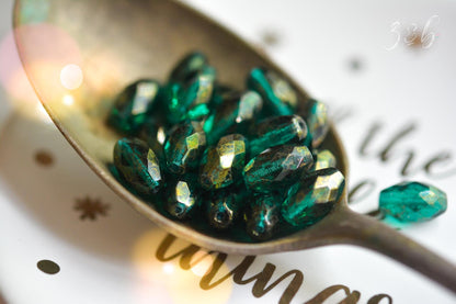 6 Transparent Emerald, Metallic Gold Luster, Premium Czech Glass, Faceted Oval  Beads 12x8mm