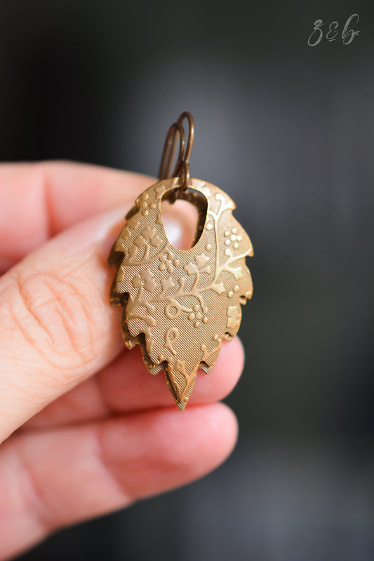 Once Upon A Time Earrings - Vintaj Brass, Nickel Free, Lead Free, Pure Brass, Hammered Patterned, Vintage Inspired, Floral Leaves