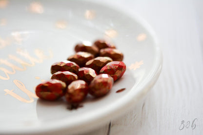 6 Burnt Orange, Red, Metallic Gold Luster, Faceted Oval Beads 12x8mm