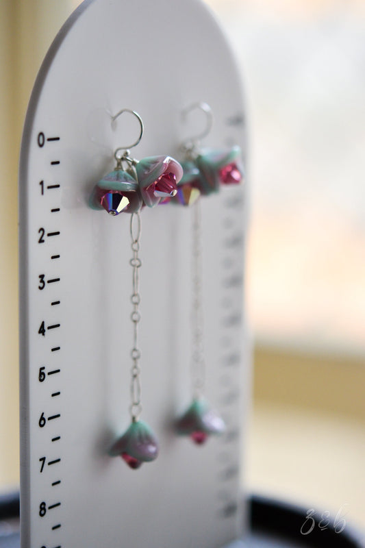 Whimsical Wonder Earrings - Handmade, Sterling Silver, Opaque Turquoise Blue, Pink Czech Glass Bell Flowers, Rose Swarovski Crystals