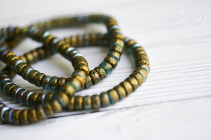 30 Translucent Baby Blue, Etched Metallic Gold, Aurora Borealis Finish, Premium Czech Glass, Heishi Beads 3x6mm.