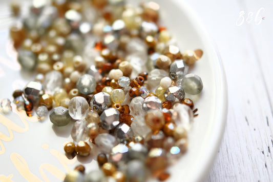 Mustard, Champagne, Amber, Clear, Metallic Silver, Premium Czech Glass, Bead Mix - 10 Grams
