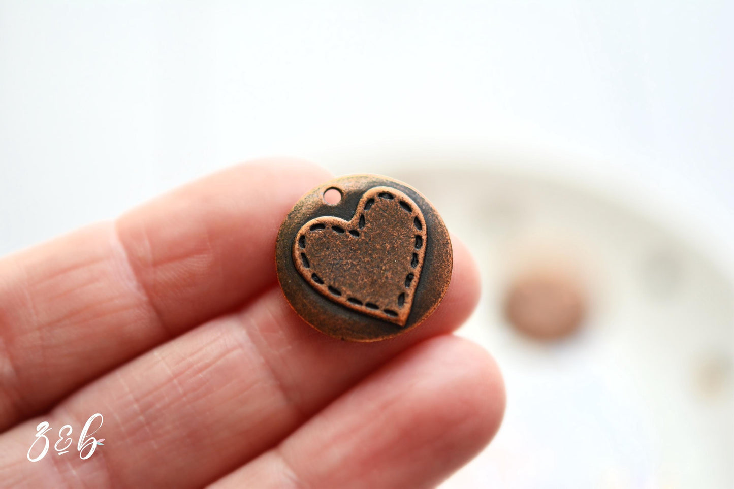 2 Vintaj, Stitched Heart, Copper, Antique Plated, Nickel Free Lead Free, Charm - 20mm