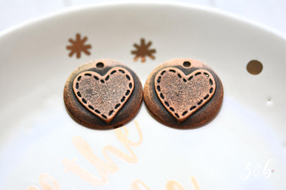 2 Vintaj, Stitched Heart, Copper, Antique Plated, Nickel Free Lead Free, Charm - 20mm