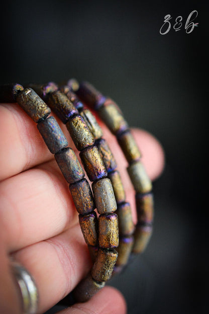 12 Opaque Black, Etched Metalic Gold, Metallic Purple Luster, Premium Czech Glass, Tube Beads 9x5mm