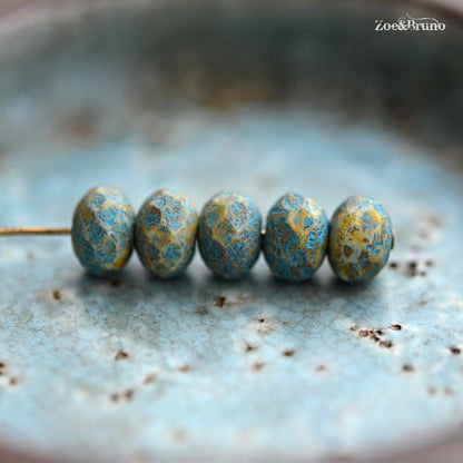 10 Opaque White, Picasso Finish, Etched Turquoise Wash, Premium Czech Glass, Facet Rondelle Beads 6x8mm.