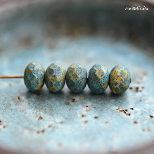 10 Opaque White, Picasso Finish, Etched Turquoise Wash, Premium Czech Glass, Facet Rondelle Beads 6x8mm.
