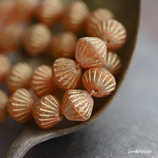 6 Matte Transparent Orange, Etched Metallic Gold Wash, Premium Czech Glass, Tribal Bicone Beads 11mm