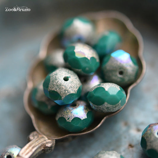 10 Opaque Sea Green, Metallic Antique Silver Finish, AB Aurora Borealis, Premium Czech Glass, Facet Rondelle Beads 6x8mm
