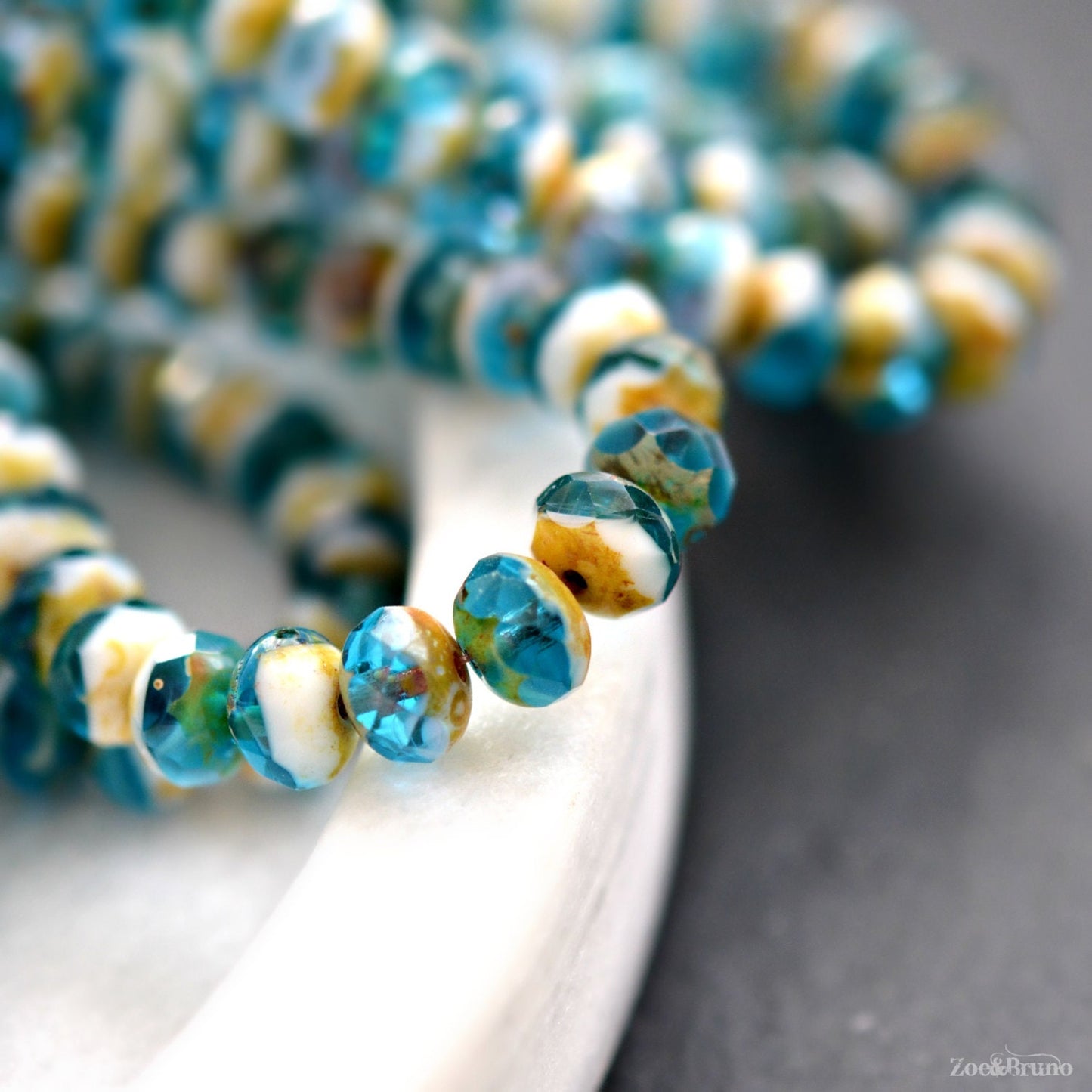 10 Translucent Capri Blue, Opaque White, Picasso Finish, Premium Czech Glass, Facet Rondelle Beads 6x8mm