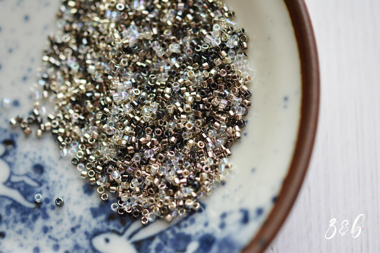 11/0 Premium Japanese, Miyuki, Delica, Steel, Clear AB Aurora Borealis, Galvanized Silver, Gunmetal Seed Bead Mix - 10 Grams