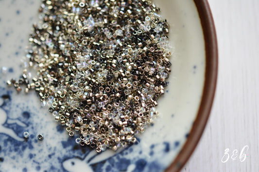11/0 Premium Japanese, Miyuki, Delica, Steel, Clear AB Aurora Borealis, Galvanized Silver, Gunmetal Seed Bead Mix - 10 Grams