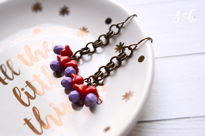 Handmade, Nickel + Lead Free Vintaj Brass, Czech Glass, Vintage Red Flowers, Purple Rounds, Chainmail Cluster Earrings