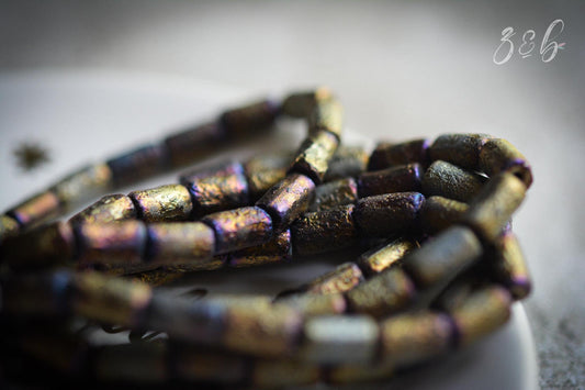 12 Opaque Black, Etched Metalic Gold, Metallic Purple Luster, Premium Czech Glass, Tube Beads 9x5mm