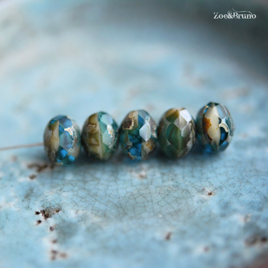 10 Transparent Pacific Blue, Sea Green, Opaque Beige, Picasso Finish, Premium Czech Glass, Facet Rondelle Beads 6x8mm