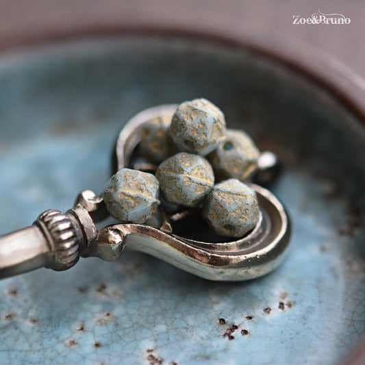 20 Opaque Sky Blue, Etched Metallic Gold Wash, Premium Czech Glass, English Cut, Facet Round Beads 8mm