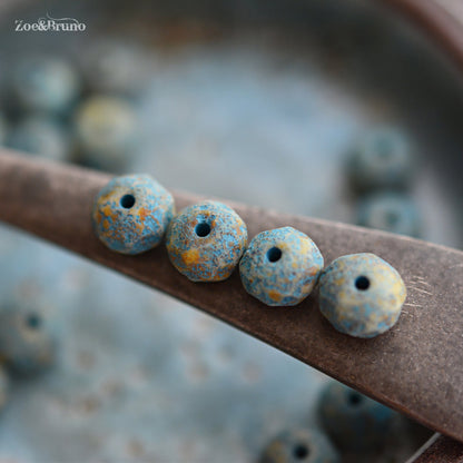10 Opaque White, Picasso Finish, Etched Turquoise Wash, Premium Czech Glass, Facet Rondelle Beads 6x8mm.