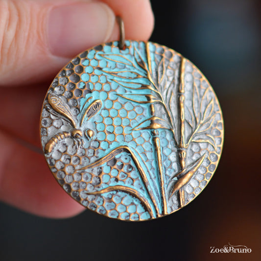 1 Vintaj Brass, Natural Brass, Nickel Free, Lead Free, Verdigris Finish, Dragonfly Reed Pendant 42mm