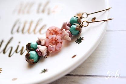 Handmade, Nickel + Lead Free Vintaj Brass, Czech Glass, Pink Flower, Turquoise, Spring Stack Earrings