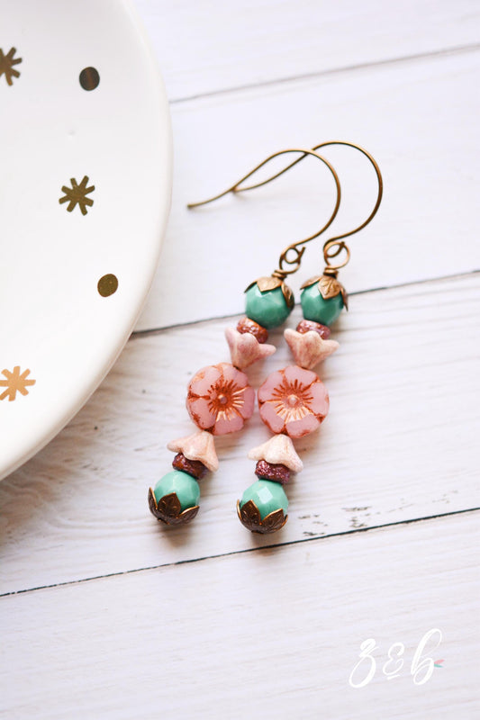 Handmade, Nickel + Lead Free Vintaj Brass, Czech Glass, Pink Flower, Turquoise, Spring Stack Earrings