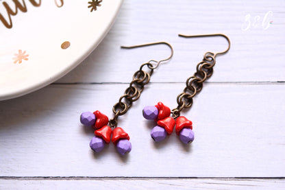 Handmade, Nickel + Lead Free Vintaj Brass, Czech Glass, Vintage Red Flowers, Purple Rounds, Chainmail Cluster Earrings