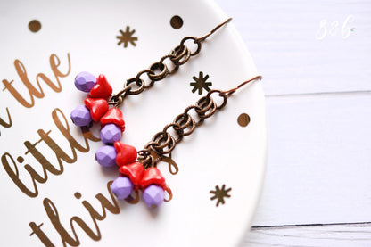 Handmade, Nickel + Lead Free Vintaj Brass, Czech Glass, Vintage Red Flowers, Purple Rounds, Chainmail Cluster Earrings